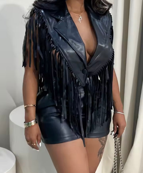Women Fashion Faux Leather Sleeveless Tassel Two Piece Short Set