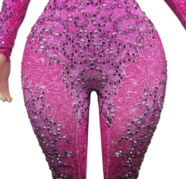 Women Fashion Turtleneck Full Sleeve Beaded Bling Pink Jumpsuit