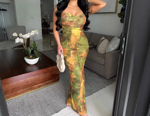 Women Sexy Sleeveless Color Printed Maxi Dress