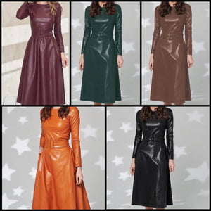 Women Fashion Faux Leather Belted Maxi Dress