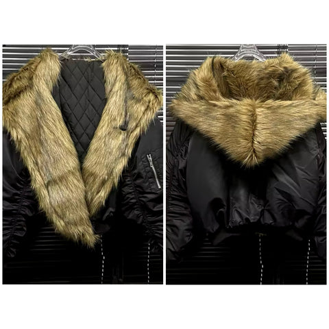 Women Black Fashion Faux Fur Hooded Jacket