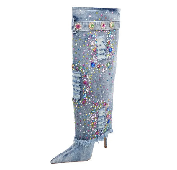 Women Pointed Toe Color Crystal Denim Knee High Boots