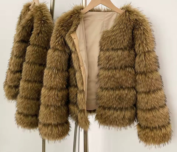 Women Fashion Brown Faux Fur Warm Jacket