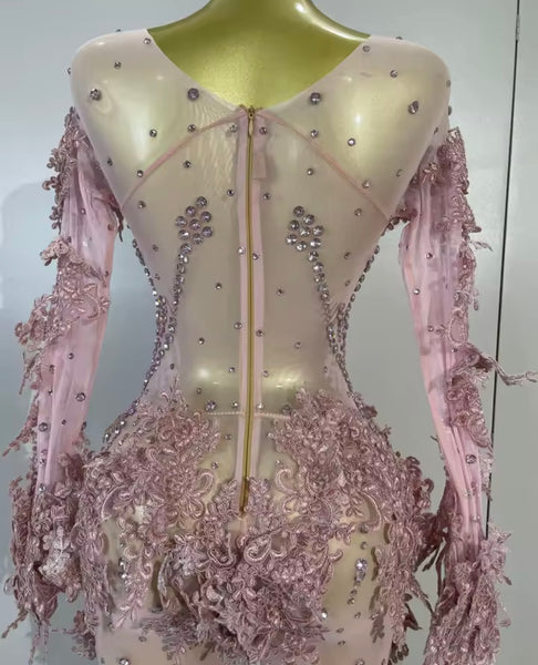 Women Sexy Pink Embroidered Rhinestone Full Sleeve Jumpsuit
