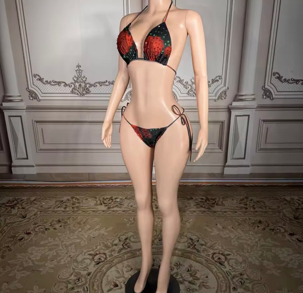 Women Sexy Rhinestone Floral Bikini Cover Up Set