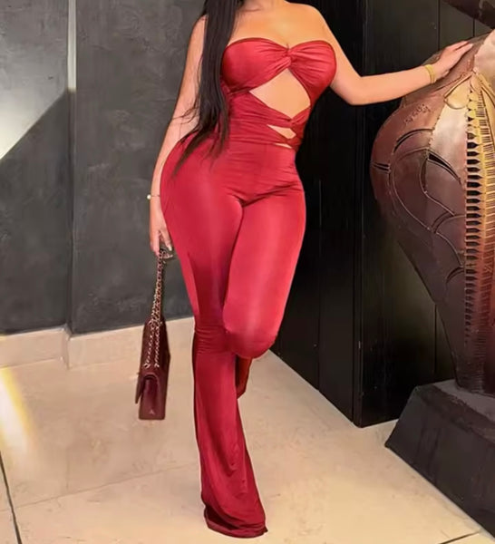 Women Red Sexy Strapless Cut Out Jumpsuit