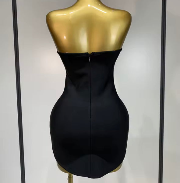 Women Black Sexy Strapless Rhinestone Tassel Dress