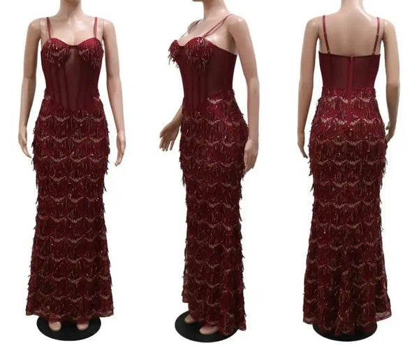 Women Sexy Sequins Tassel Sleeveless Maxi Dress