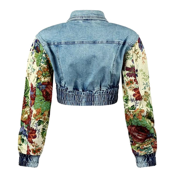 Women Fashion Floral Patchwork Two Piece Denim Jacket Pant Set