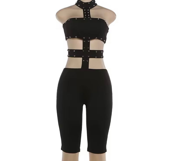 Women Halter Sleeveless Rivet Cut Out Fashion Romper