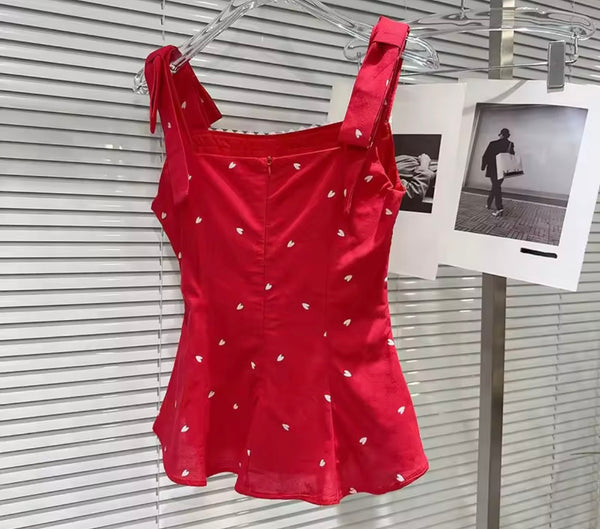 Women Sleeveless Red/White Heart Print Two Piece Pant Set