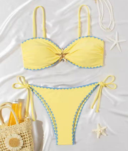 Women Yellow Color Patchwork Starfish Bikini Swimsuit