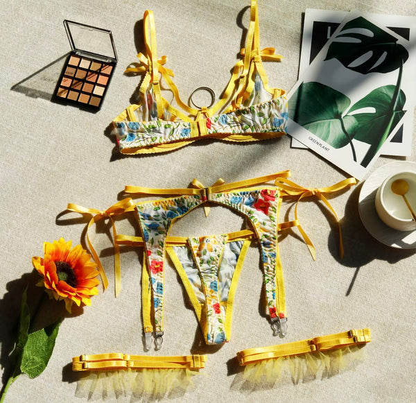 Women Sexy Yellow Floral Print Lingerie Set
