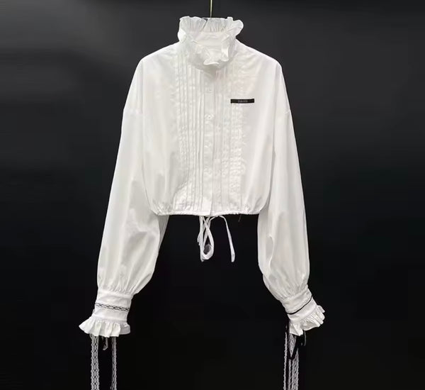 Women White Ruffle Button Up Two Piece Black Short Set