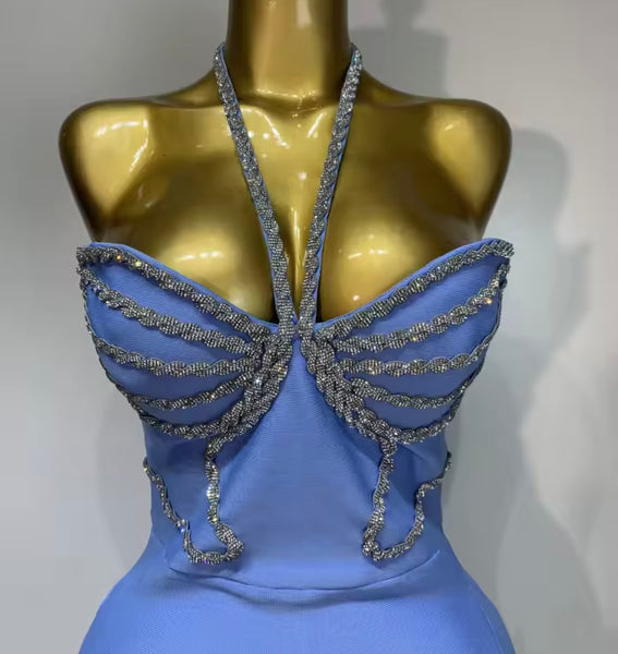 Women Sexy Rhinestone Halter Sleeveless Bandage Maxi Dress