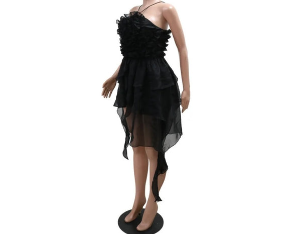 Women Black Ruffled Sleeveless Sexy Dress