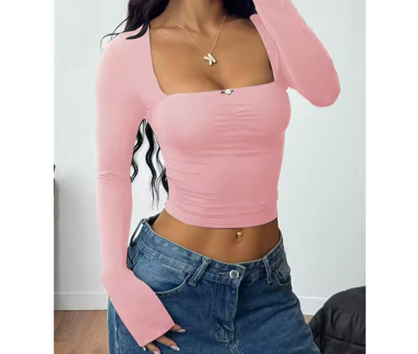 Women Fashion Color Open Back Full Sleeve Crop Top