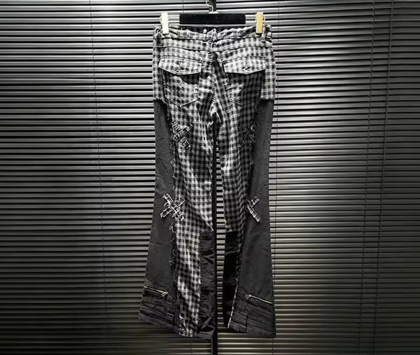 Women Fashion Plaid Patchwork Denim Pants