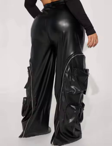 Women Fashion Color Zipper Cargo Faux Leather Pants