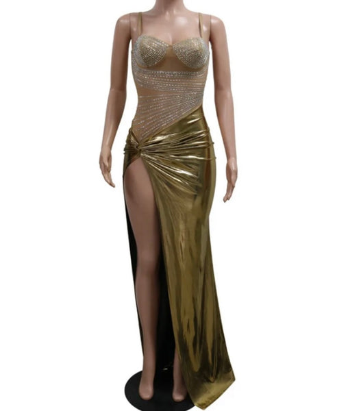Women Sexy Sleeveless Metallic Mesh Bling Side Split Maxi Dress