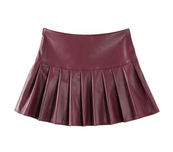 Women Fashion Faux Leather Burgundy Jacket Two Piece Pleated Skirt Set