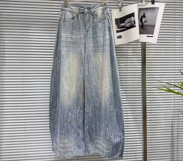 Women Strapless Rhinestone Patchwork Denim Two Piece Pant Set
