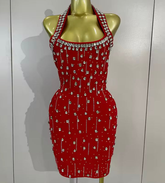 Women Sexy Halter Sleeveless Rhinestone Tassel Dress