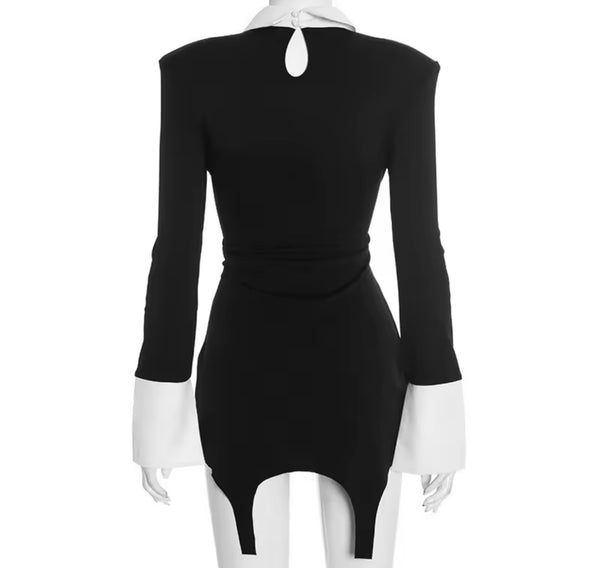 Women Sexy B&W Collar Full Sleeve Tassel Dress