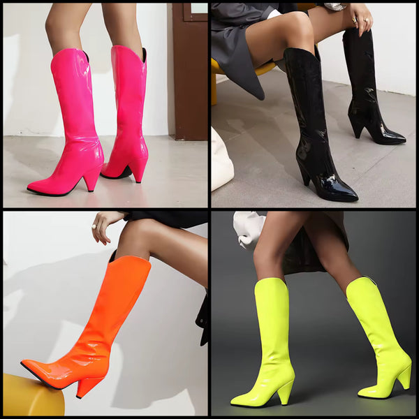 Women Fashion Color Patent Leather Knee High Western Boots