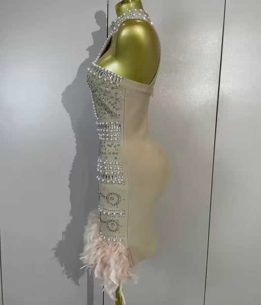 Women Sexy Halter Sleeveless Pearl Rhinestone Feather Dress