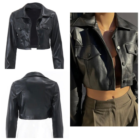 Women Fashion Black Faux Leather Crop Jacket