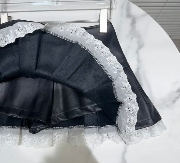 Women Sexy Fashion Faux Leather Lace Patchwork Pleated Skirt