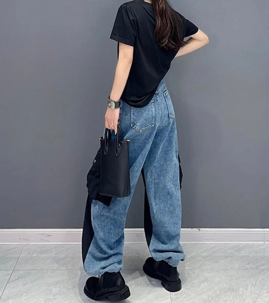 Women Fashion Color Denim Patchwork Cargo Pants