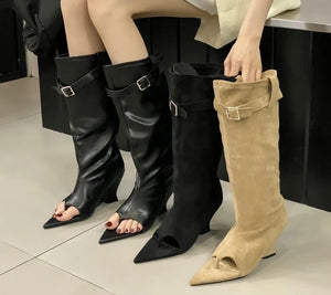 Women Pointed Open Toe Faux Leather/Suede Buckled Knee High Boots