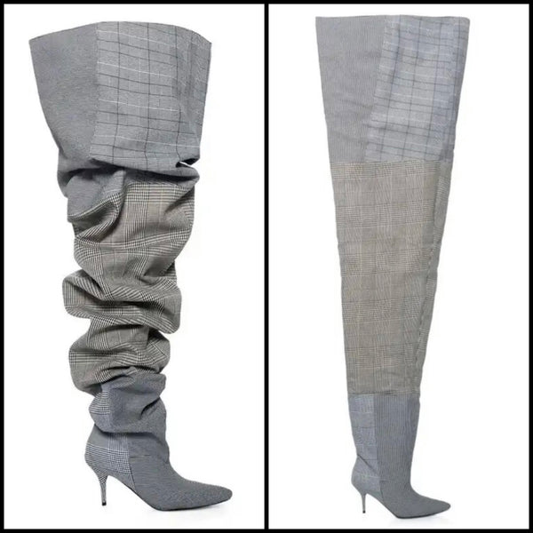 Women Fashion Plaid Thigh High Boots