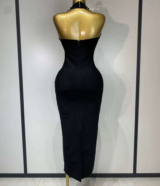 Women Sexy Halter Sleeveless Beaded Rhinestone Maxi Dress