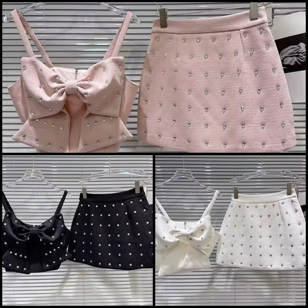 Women Sexy Sleeveless Bow Crop Two Piece Rhinestone Skirt Set