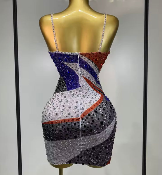 Women Sexy Color Patchwork Rhinestone Sleeveless Dress