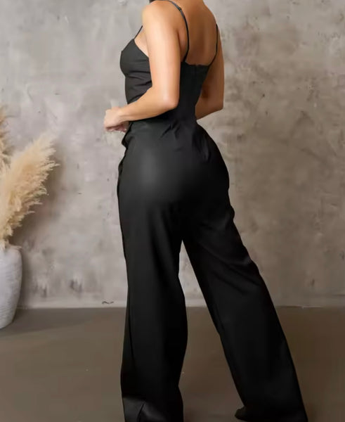 Women Sleeveless Rivet Faux Leather Fashion Jumpsuit