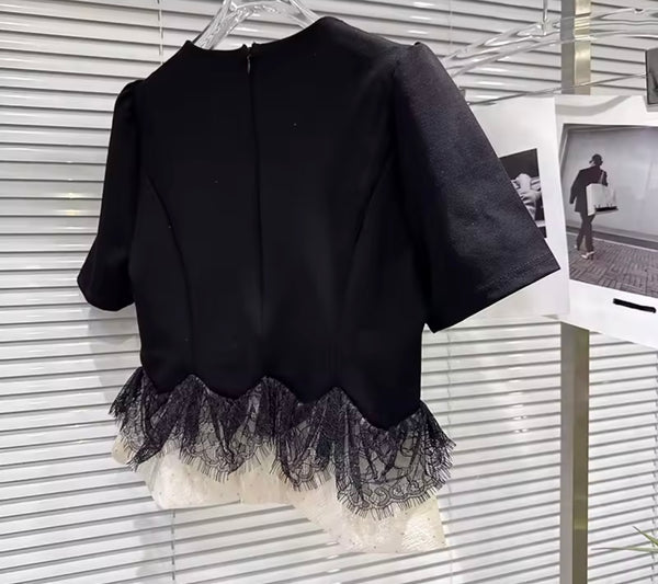 Women Black Rhinestone Collar Short Sleeve Two Piece Maxi Skirt Set