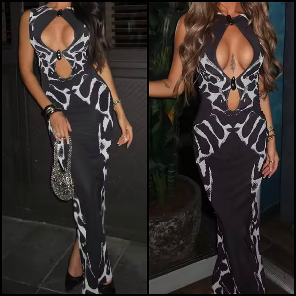 Women Sexy Sleeveless Black Printed Cut Out Maxi Dress