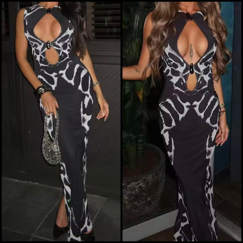 Women Sexy Sleeveless Black Printed Cut Out Maxi Dress