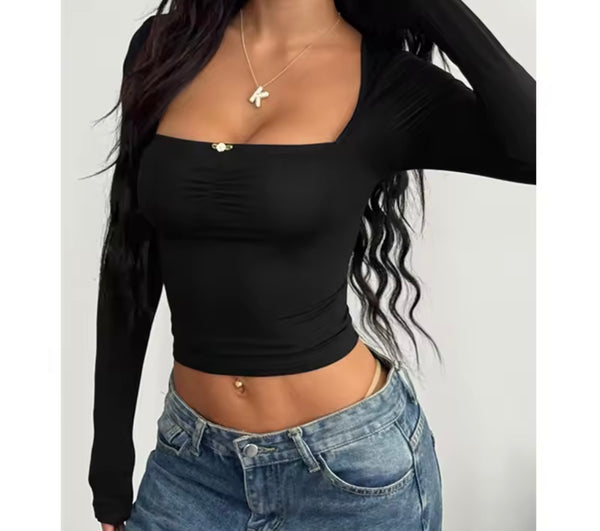 Women Fashion Color Open Back Full Sleeve Crop Top