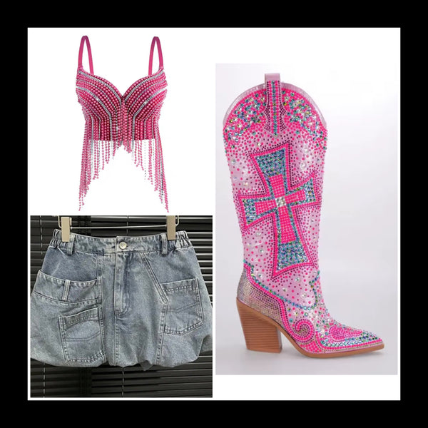 Women Fashion Colorful Print Bling Knee High Western Boots