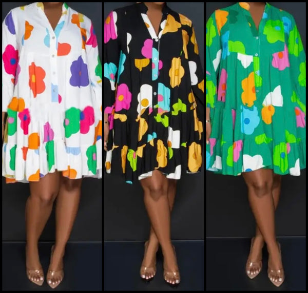 Women Button Up Floral Print Sexy Ruffled Dress