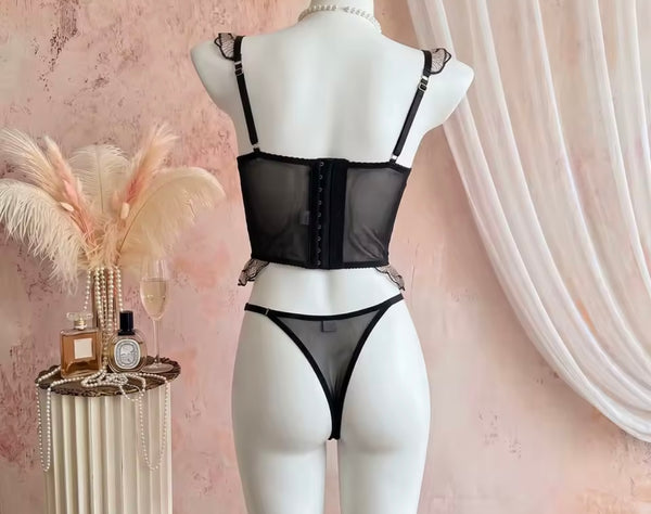 Women Sexy Black Printed Ruffled Mesh Lingerie Set