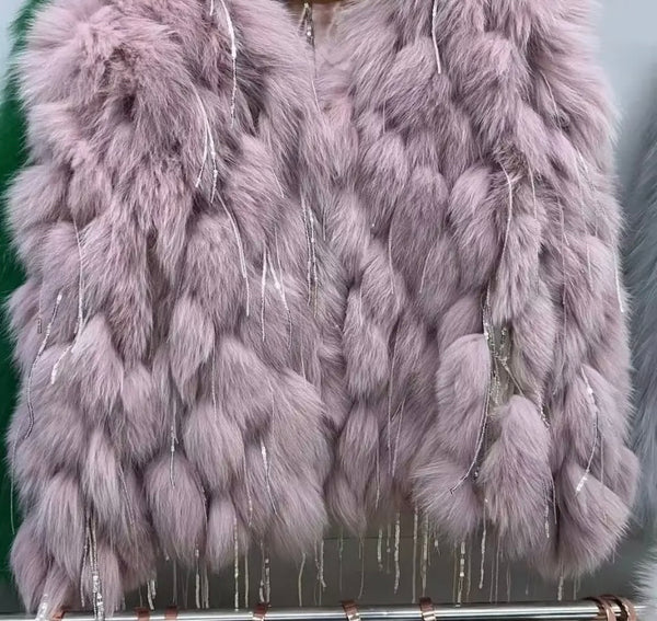 Women Fashion Faux Fur Bling Tassel Jacket