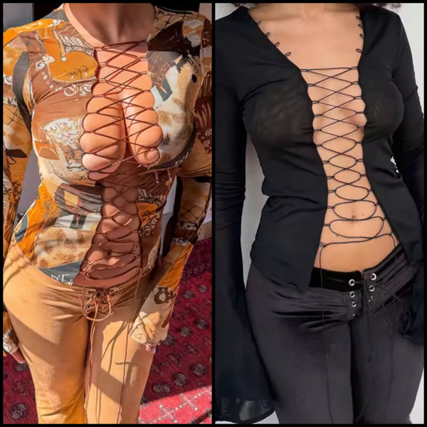 Women Sexy Cut Out Lace Up Full Flare Sleeve Top