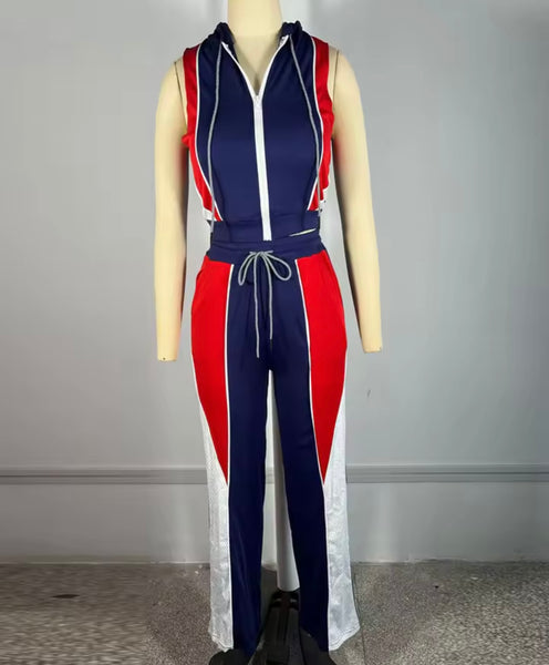 Women Sleeveless Hooded Color Patchwork Two Piece Tracksuit Pant Set