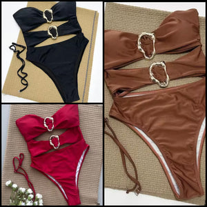 Women Sexy Gold Medal Strapless Cut Out Swimsuit